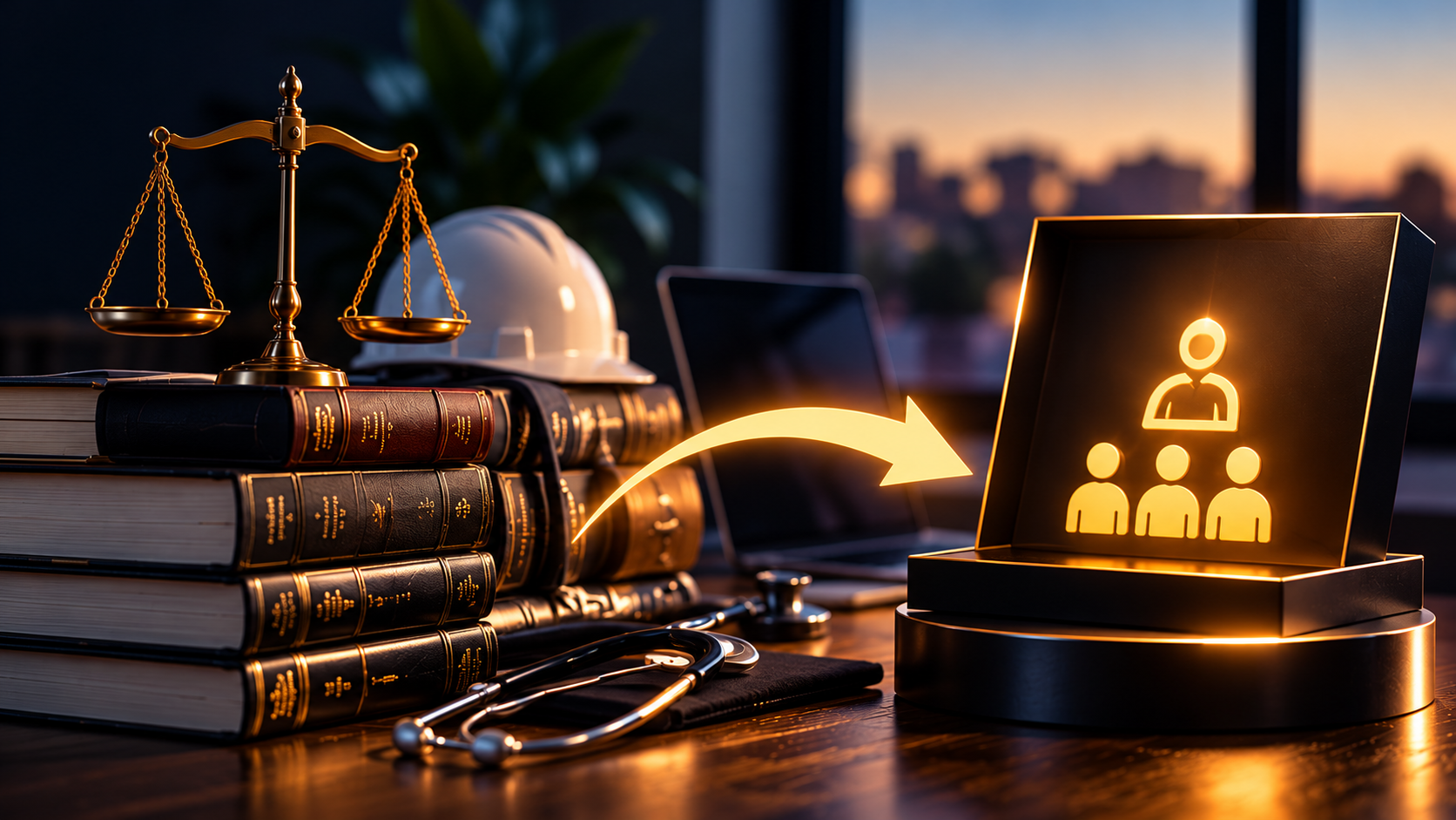 Ilustração da transformação da experiência profissional em mentoria digital, com livros, balança, capacete e estetoscópio conectados por uma seta a um símbolo de mentor e alunos, representando a monetização do conhecimento.